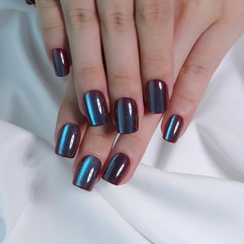 Teal Blue Cat Eye Press On Nails – Square Fake Nails with M11 Galaxy Blue