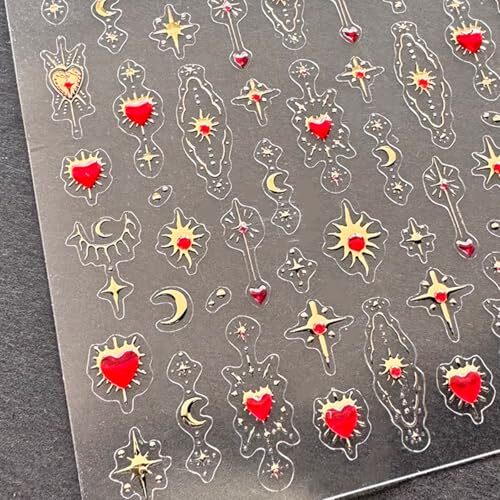 5D Embossed Gold Star Nail Stickers Red Heart Nail Decals Star Moon Style-23