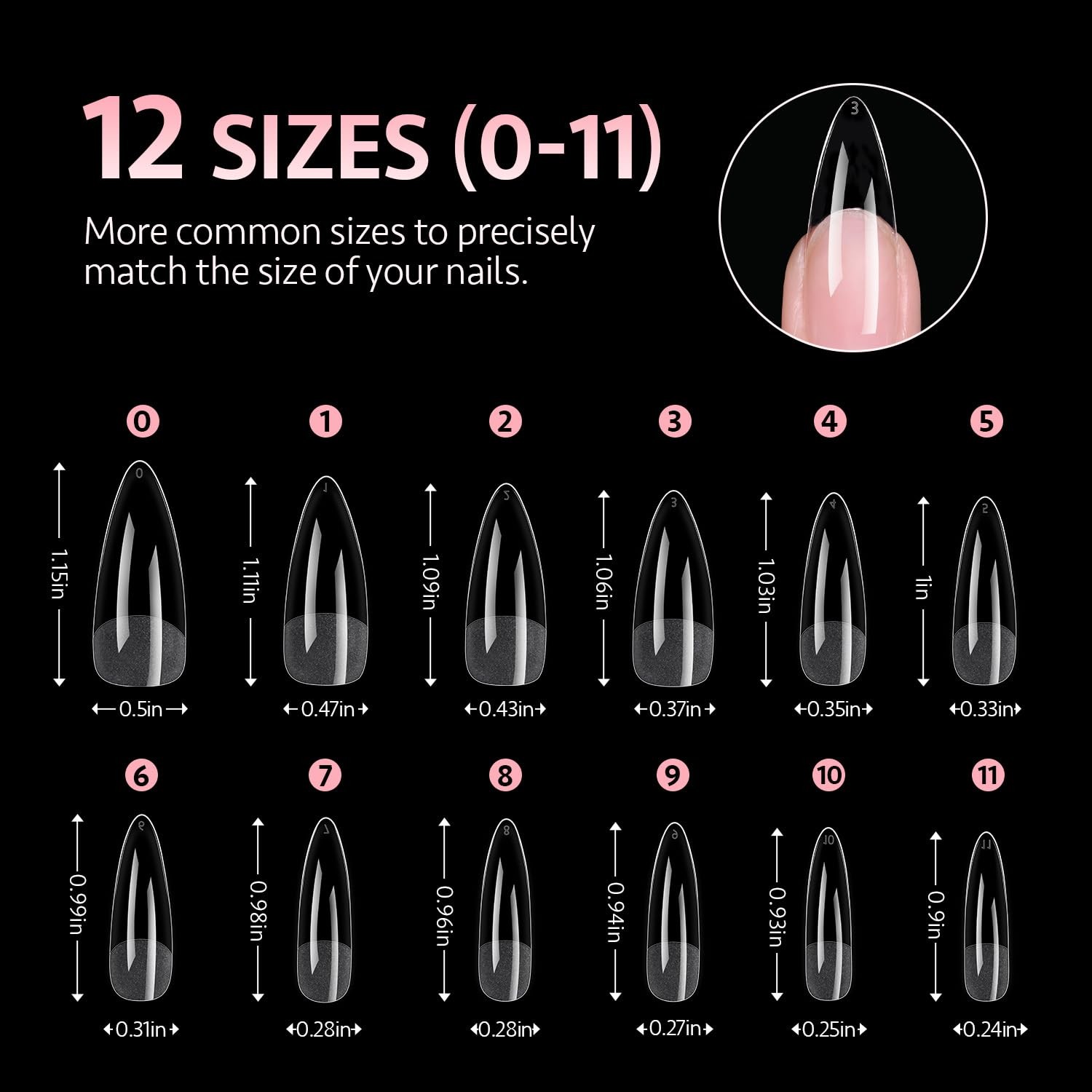 GAOY Medium Stiletto Fake Gel Nail Tips, 12 Sizes 240 Piece Assortment, Clear