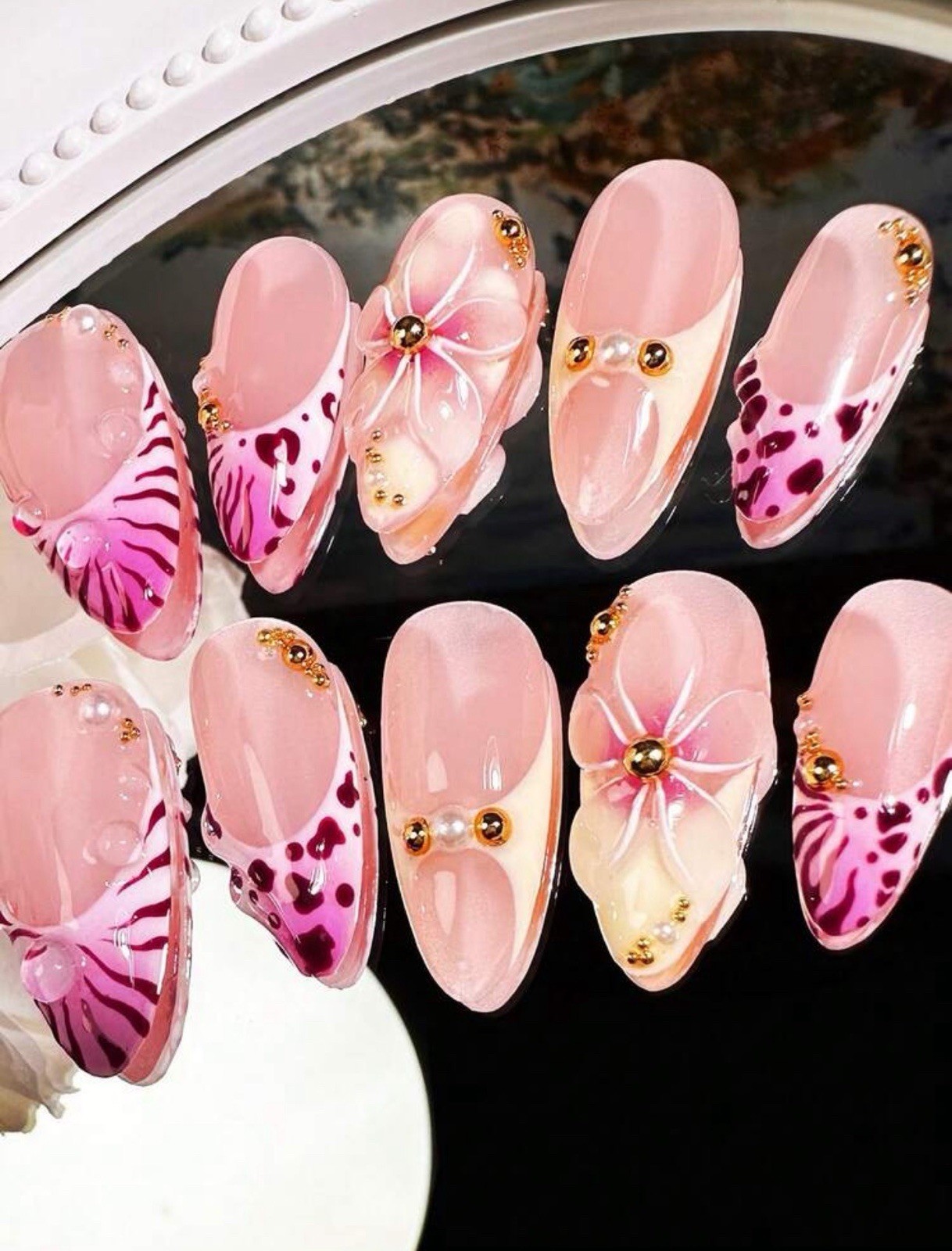 Reusable Medium Almond Press-On Nails Pink White Gold 3D Floral Adhesive