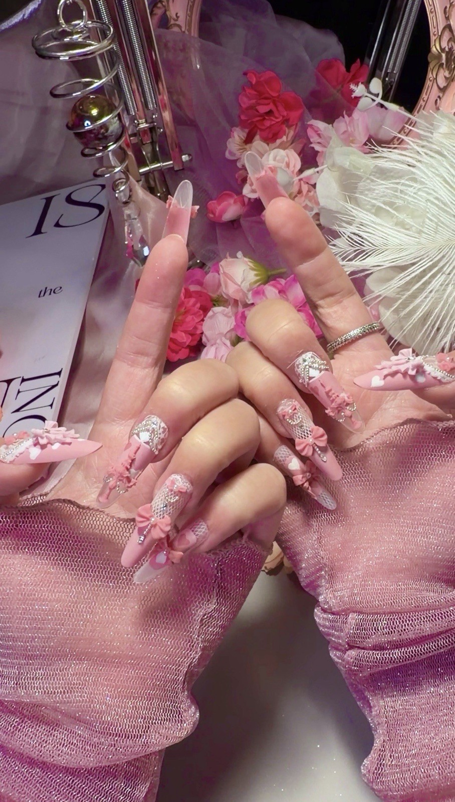 Pink Princess Bow Lace Flower Matte Finish Press On Nails Long Y05 With Pearl