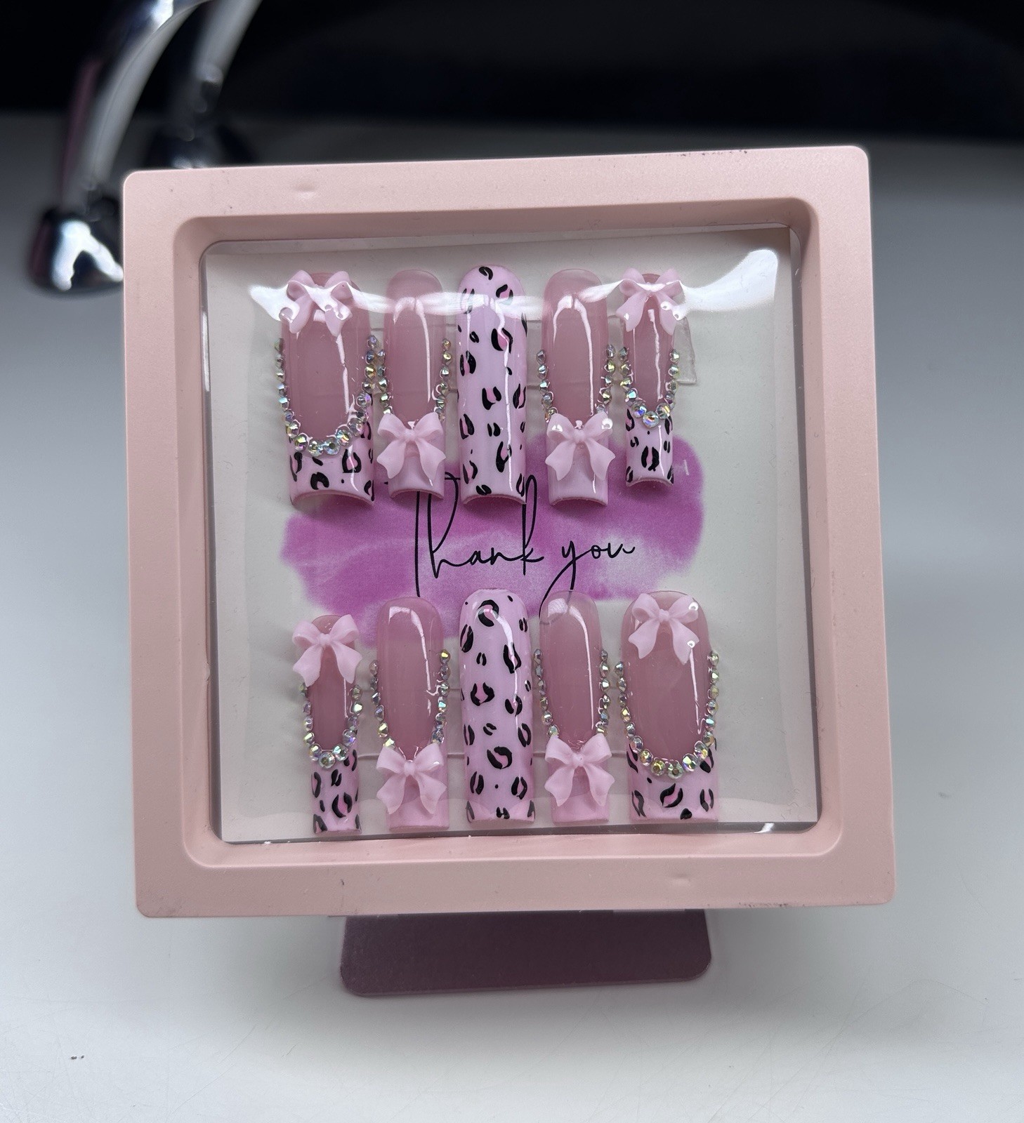 Handmade Pink Long Square Press-On Nails with Rhinestones