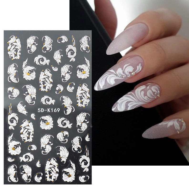 5D Nail Stickers Embossed White Rose Flower Decals Art Decora Wedding Party NH7