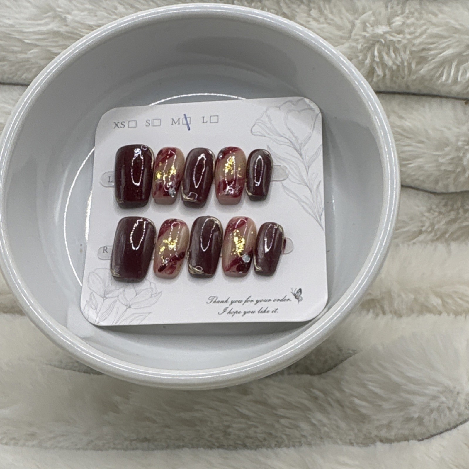 Medium Square Press-On Nails Burgundy Gold Sparkle Shiny