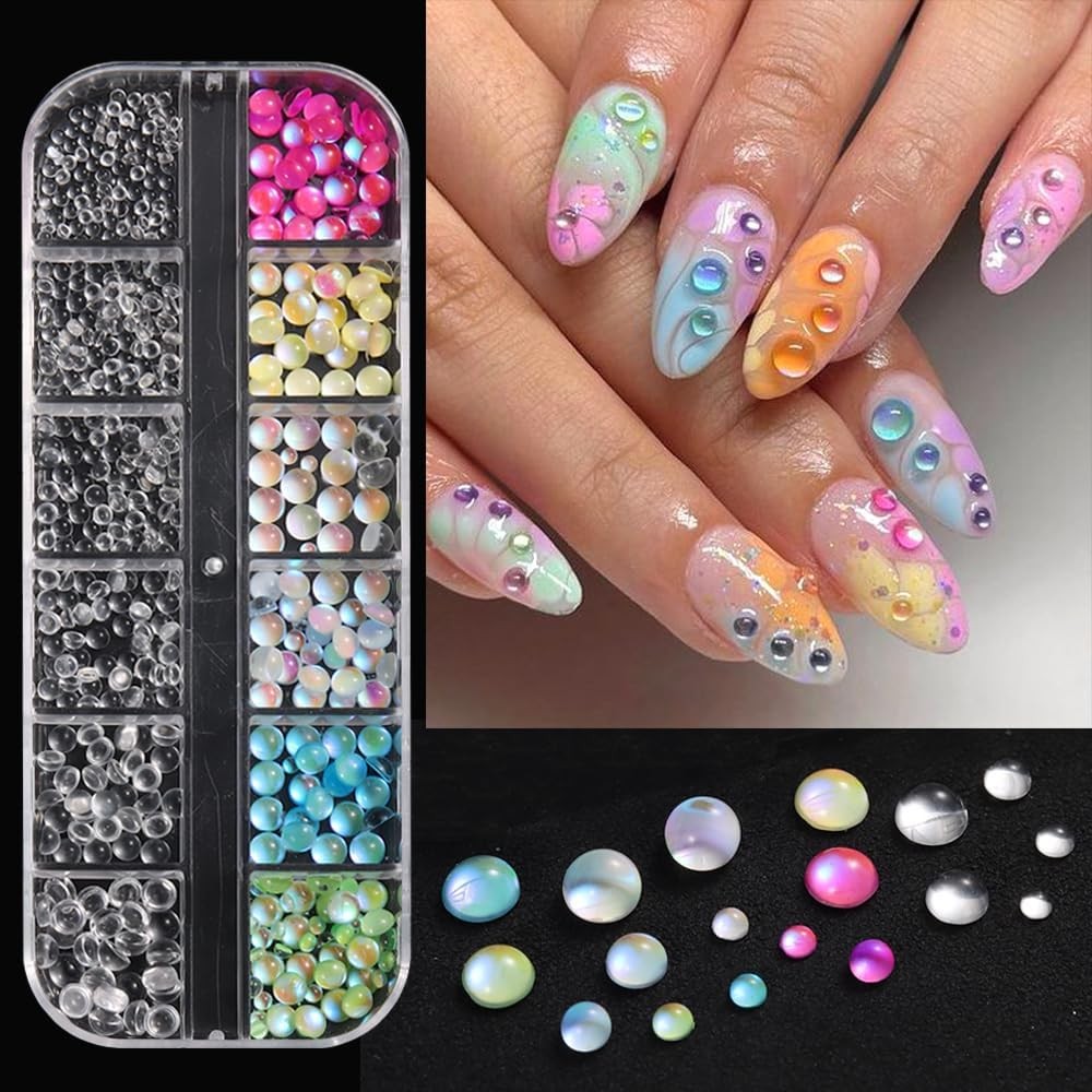 3D Clear Bubble Beads Nail Art Charms, Mixed Sizes Glass Flatback Rhinestones