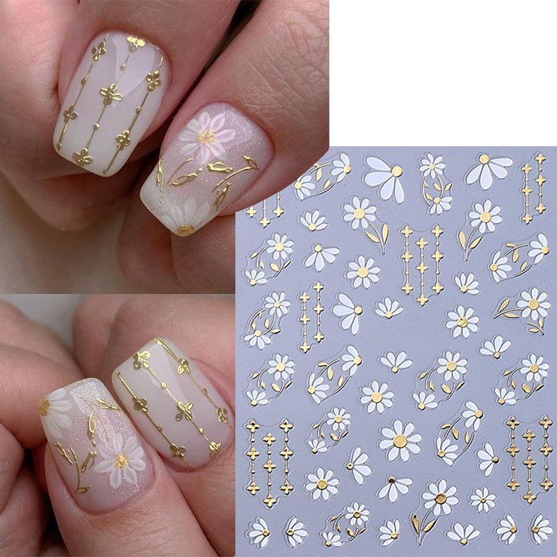 White Daisy Gold Nail Art Stickers Gold Swirl Line Dots Spring Summer Florals