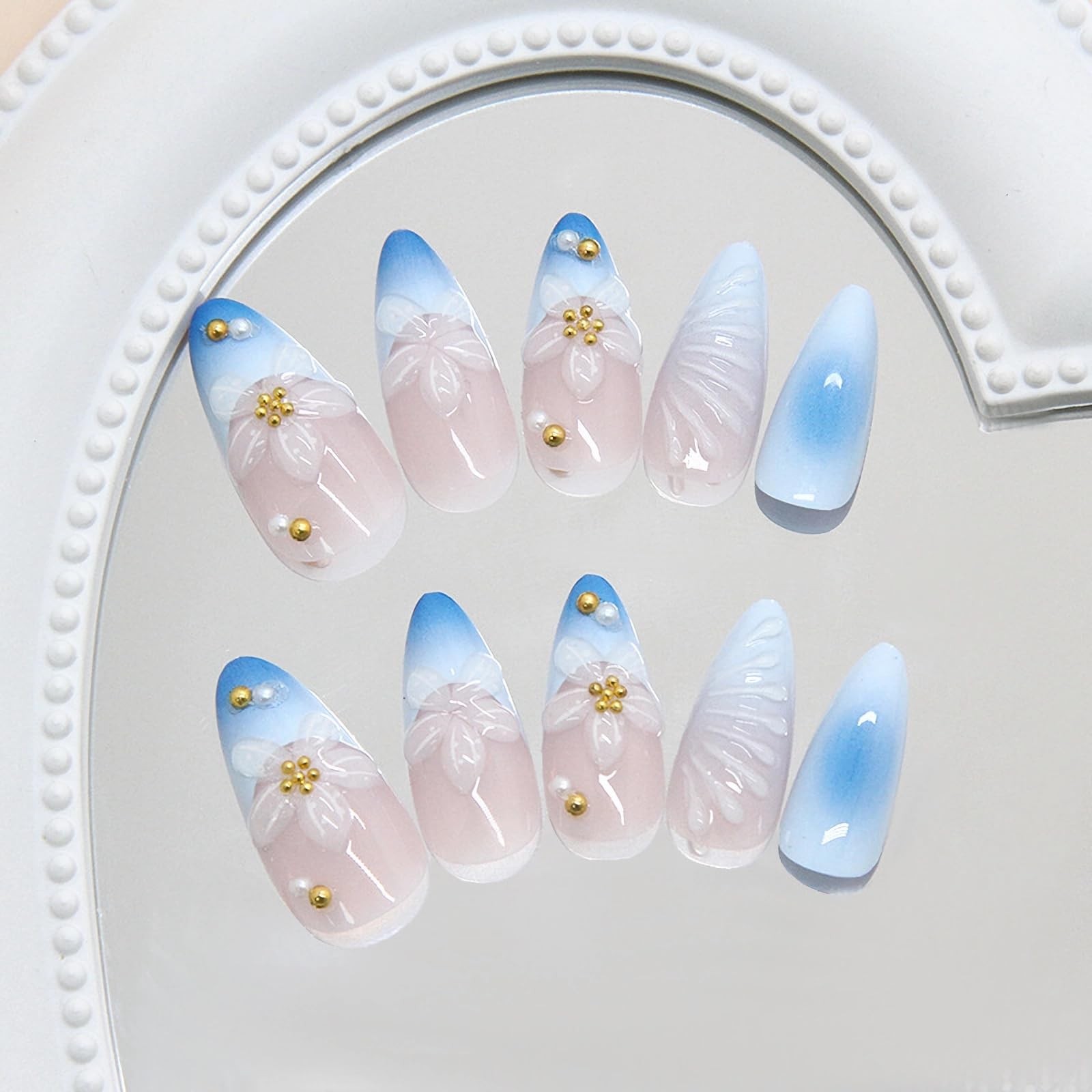 Press on Nails Almond Medium Blue Ombre French Tip Fake Nails Summer 3D Shell…