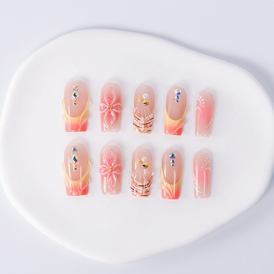 10pcs Short Square Press on Nails, Peach Gradient 3D Flower Crystal Nails