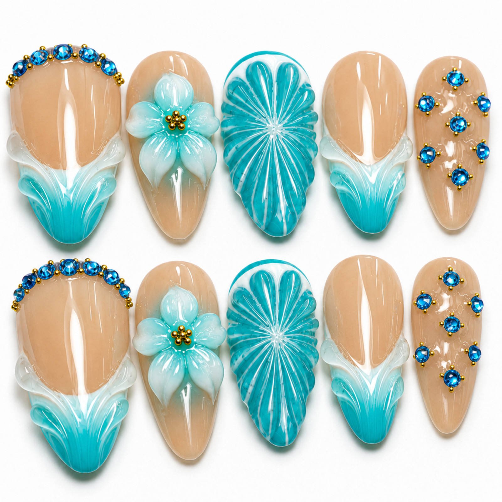 Handmade Nude Turquoise Floral Press On Nails 3D Rhinestone Set