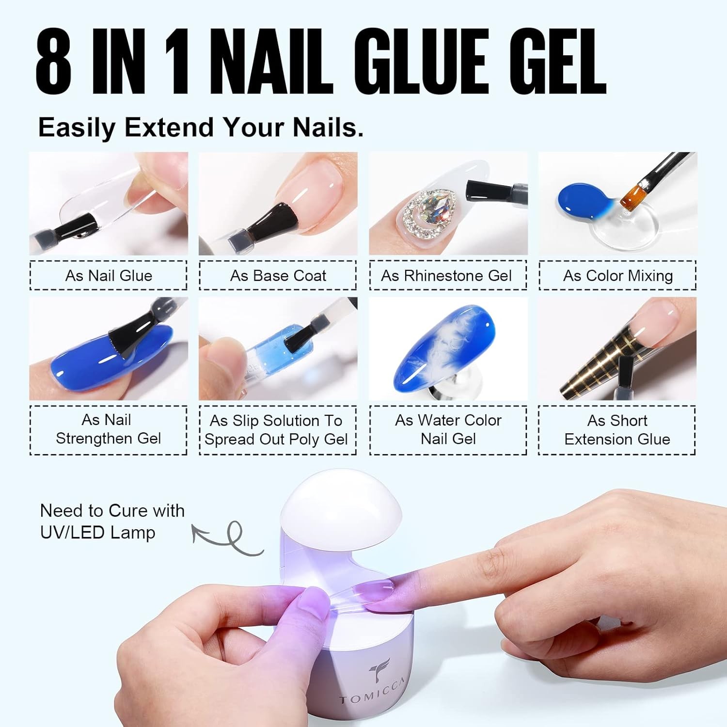 8-in-1 Nail Glue & No Wipe Top Coat Set – Gel Glue for Acrylic & False Nails, Su