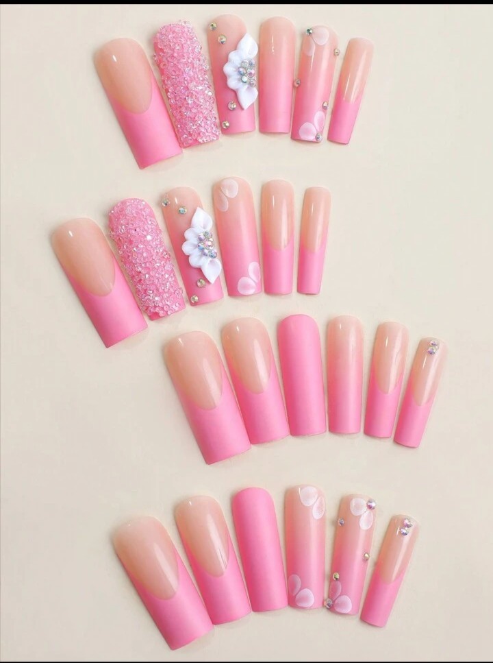 Pink 3D Floral Press On Nail Set with Glue Included