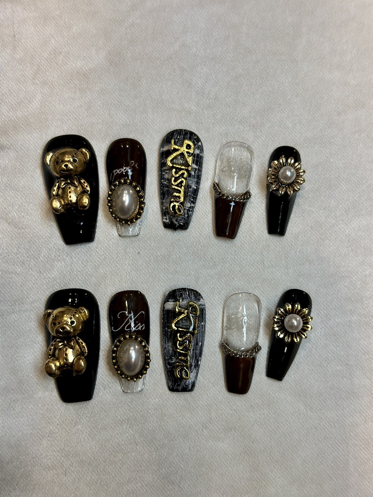 “Kiss Me I’m A Teddy Bear” Beautiful Press On Nails – Handmade – Long RRP $30