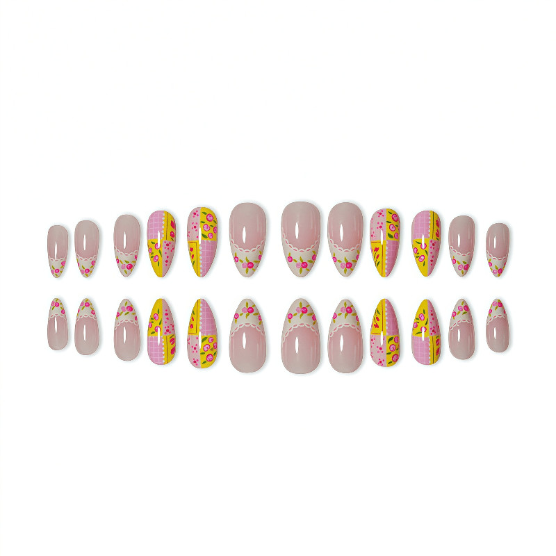 48Pcs-Medium Almond Pink Lace Hand Painted Rose Cake Design Cute Press on Nails