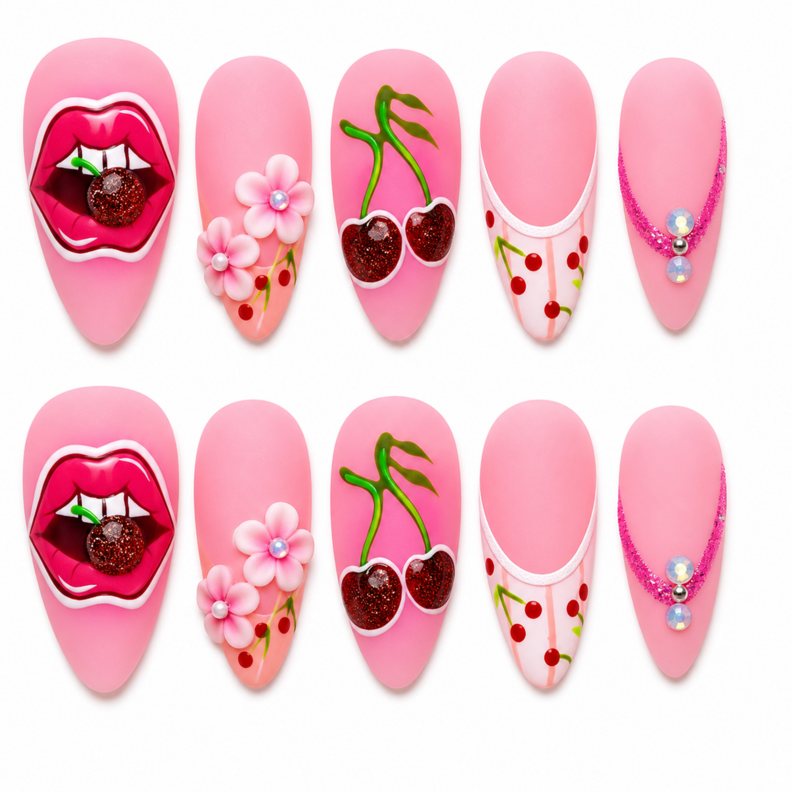 Handmade Pink Cherry Press On Nails 3D Floral Lips Rhinestone Set