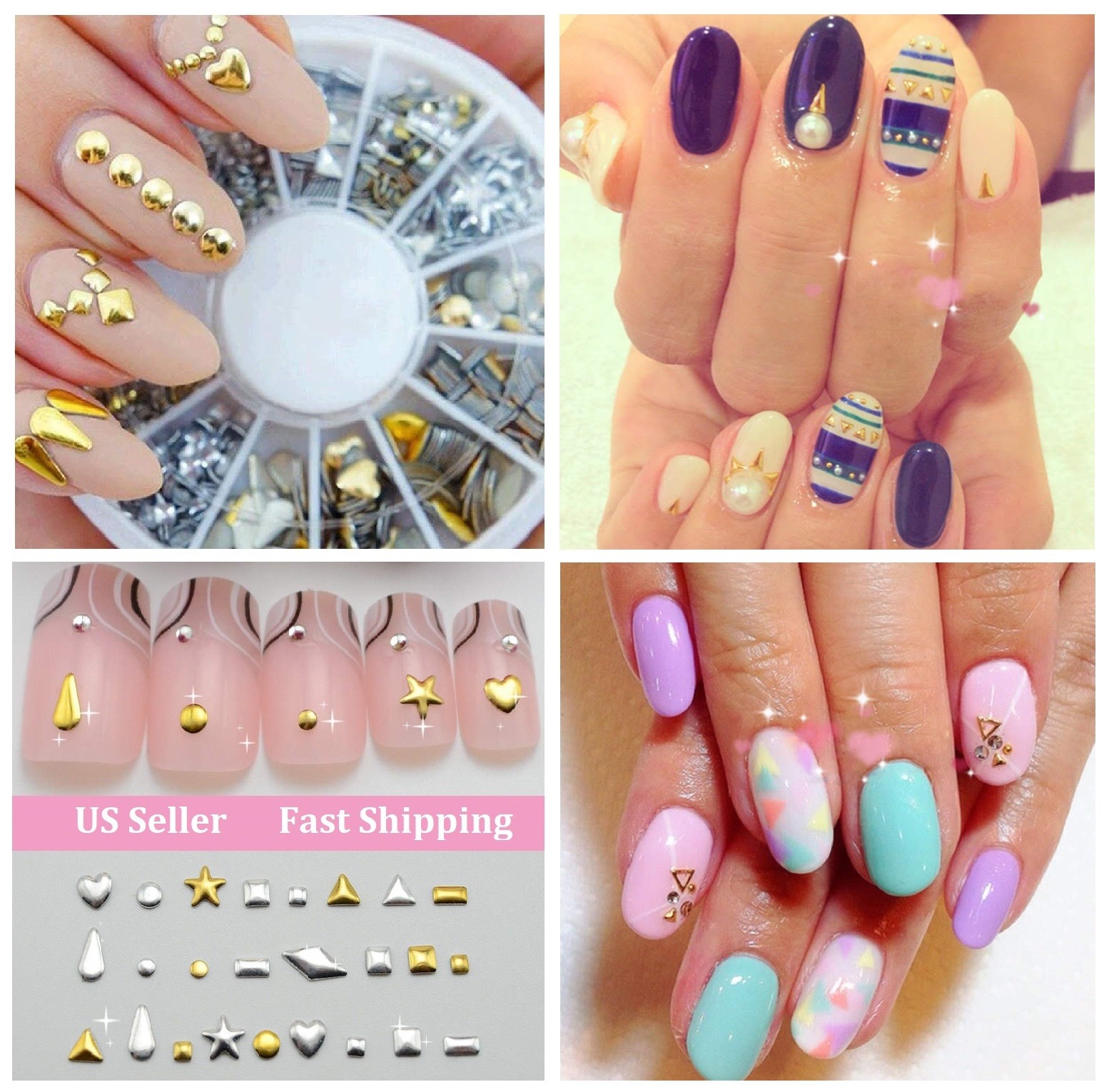 100pcs 38Style Options Gold/Silver Star/Heart Metal Stud Charm 3D Nail Art Decor