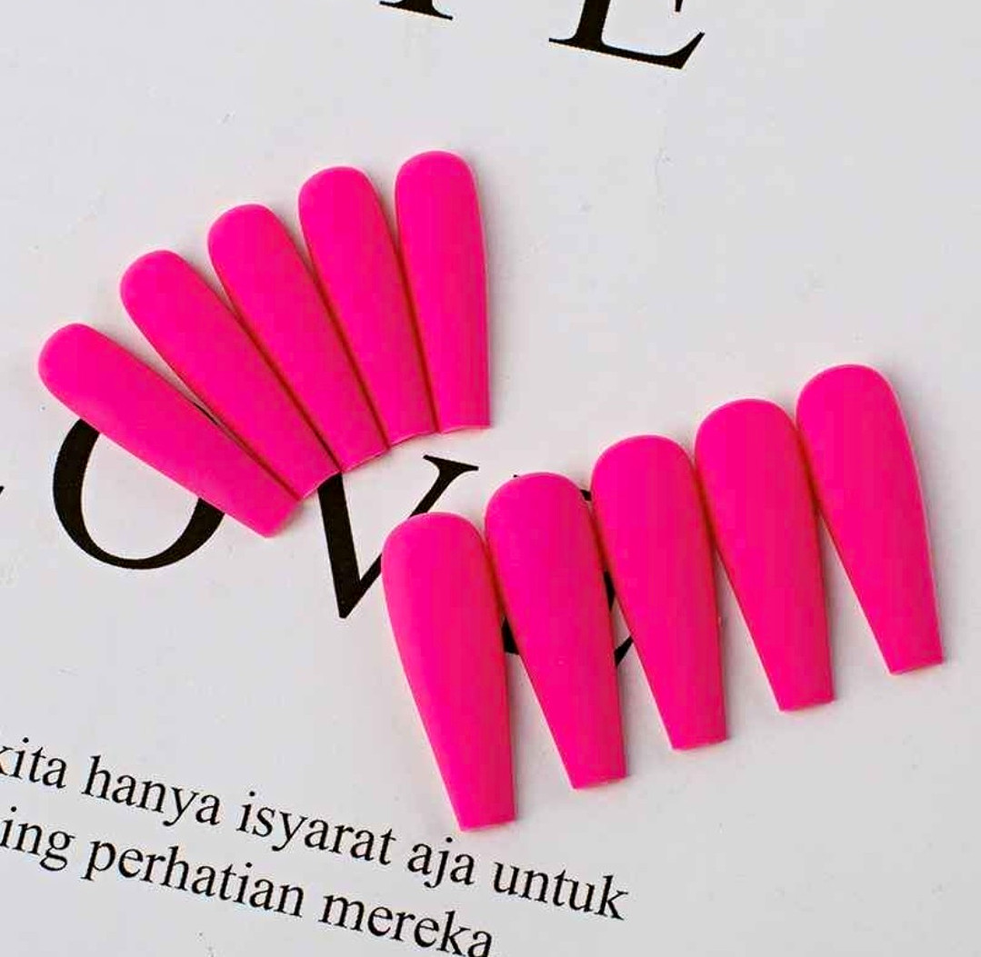 Pink Matte Long Coffin Full Cover Nail Tips, Plastic Solid Color for Finger
