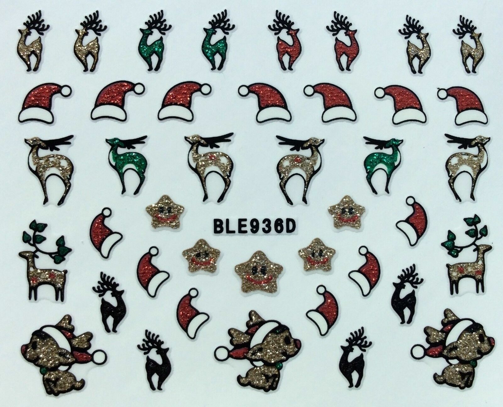 Nail Art 3D Glitter Decal Stickers Christmas Reindeer Santa Hat Stars BLE936D
