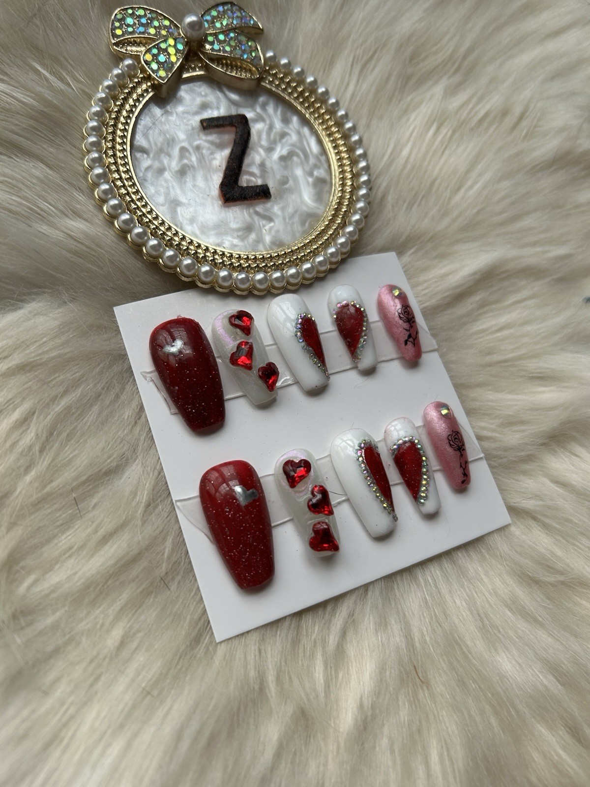 Z NAILZ! Handmade M Coffin Valentines Day/Love Red, White & Pink Press On Nails