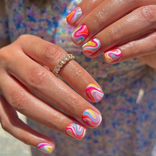 Press on Nails Square Short 24Pcs Press on Nails with Colorful Wavy Line