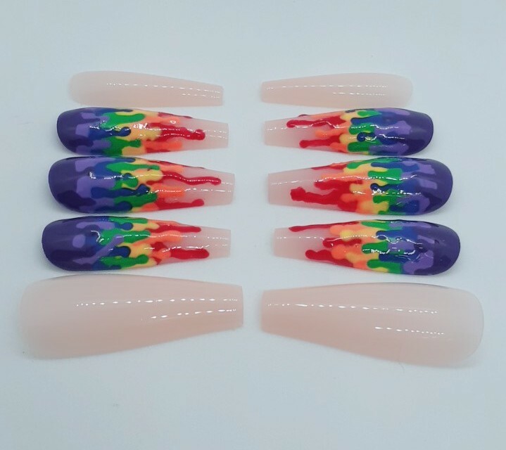 Rainbow Paint Drip Nude Vibrant Multicolor Coffin Press on Nails Set of 10