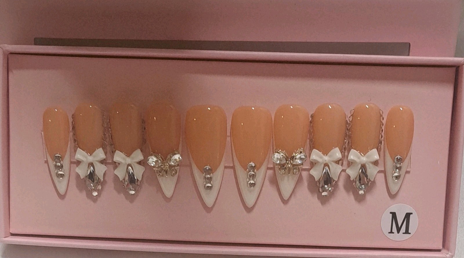 Handmade Stiletto Press On Nails Nude White French Tip Bow Rhinestone Bling