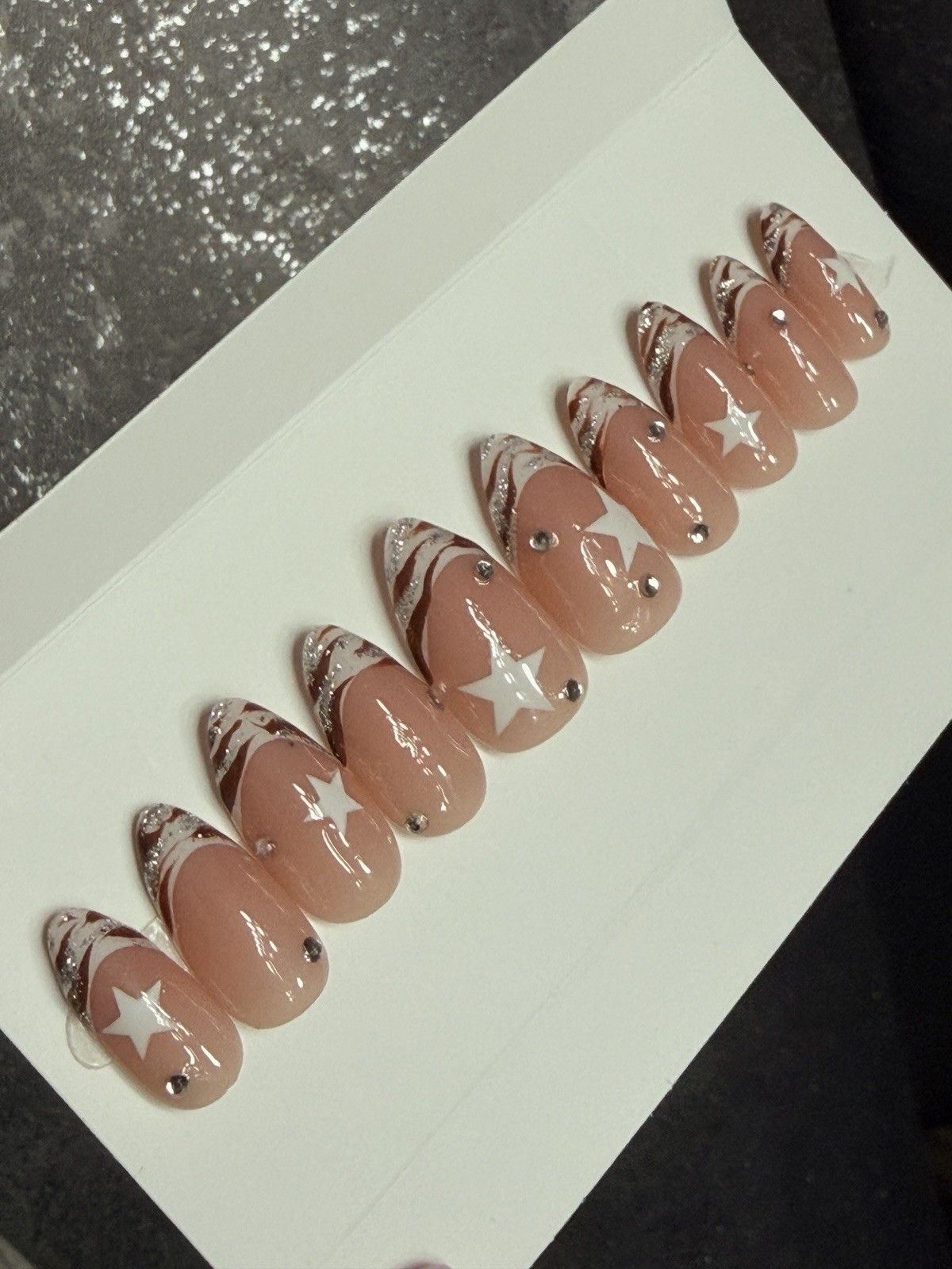 🎀 CUSTOM Hard Gel Press On False Nails French ZEBRA 10p Set Medium Almond W Kit