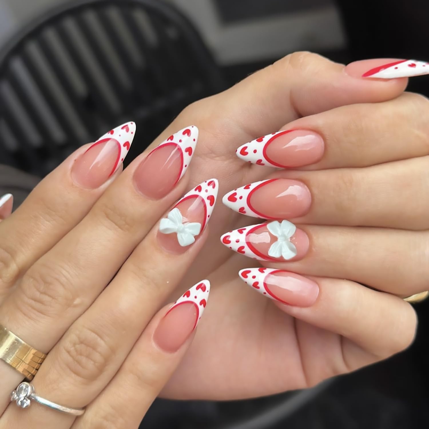 Valentines Press on Nails Medium Almond Fake Nails With Red Heart 3D Bow Char…