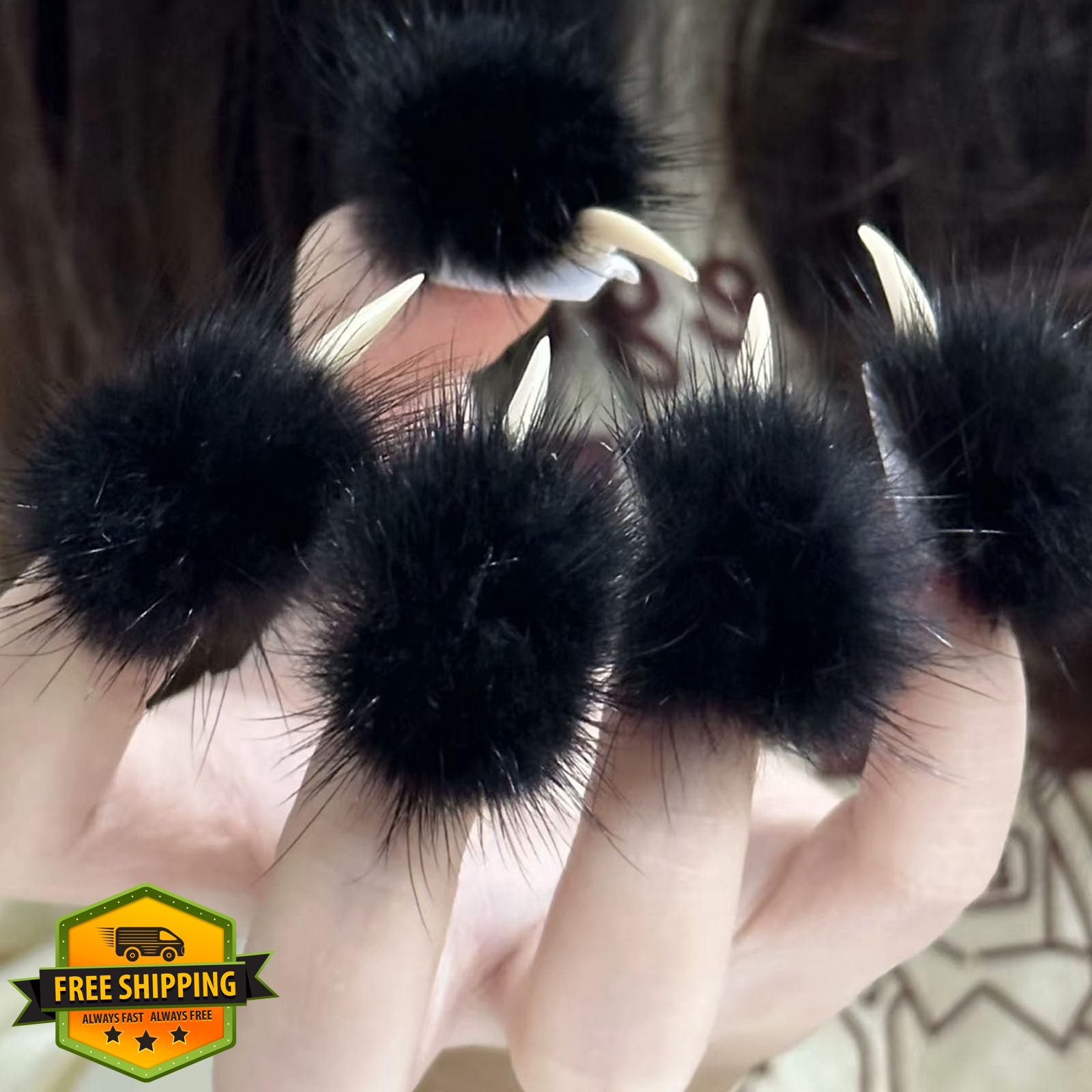 Stiletto Eagle Claw Press On Nails Black Fur Dragon Cat Claw M