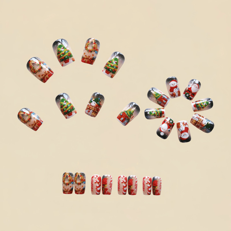48P Long Coffin Press on Nails, Santa Snowman Tree Painted Holiday Fake Nails