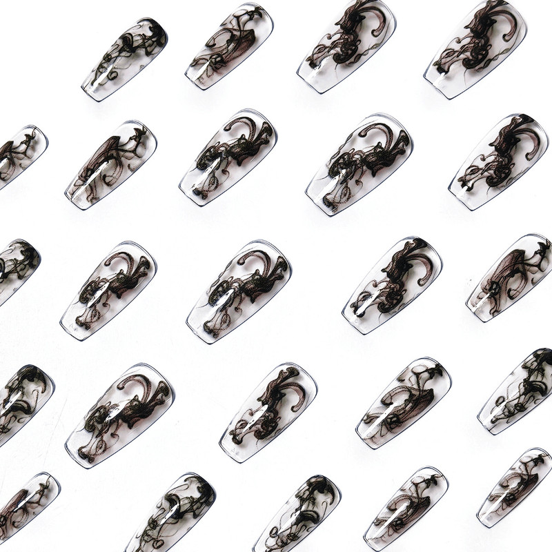 48pcs Long Taper Press on Nails, Clear Black Ink Smoke Gothic Gloss Nails