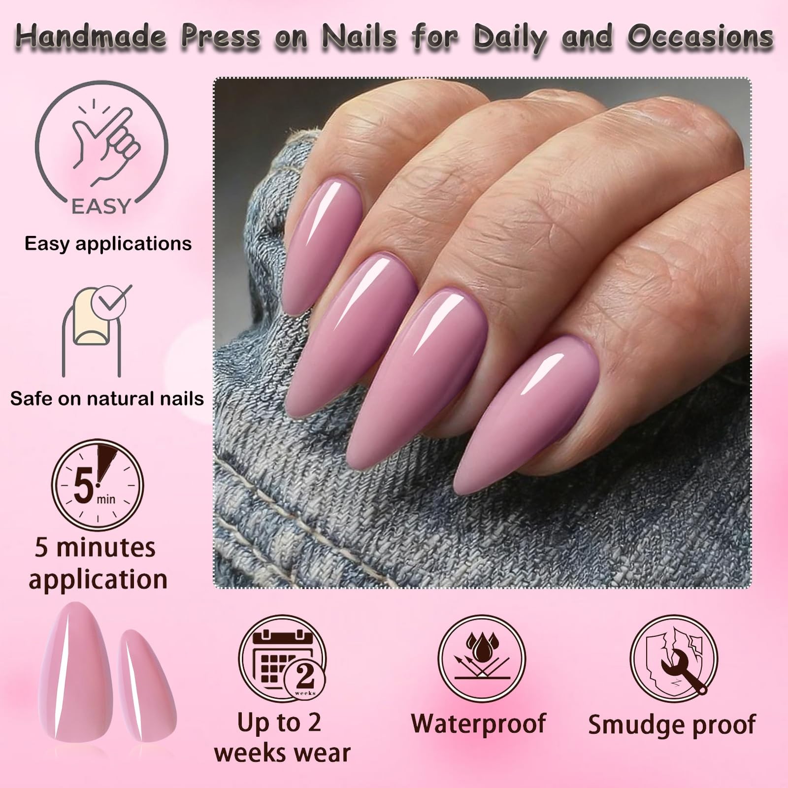 LoveOurHome 240pc Nude Almond Press on Nails Medium Fake 0-11, Jelly