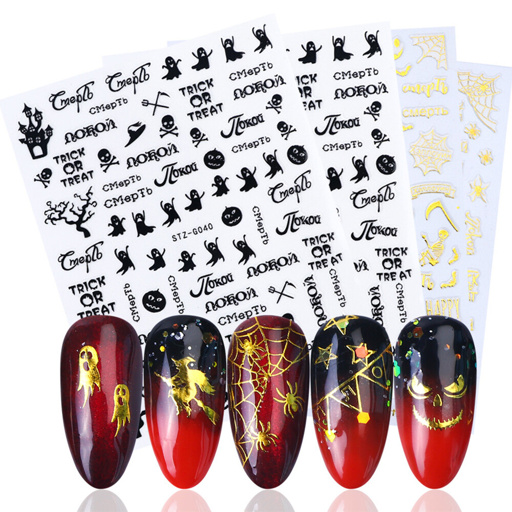 Gold Black Halloween Bat Witch Pumpkin Skull Nail Sticker Art Decal Waterproof