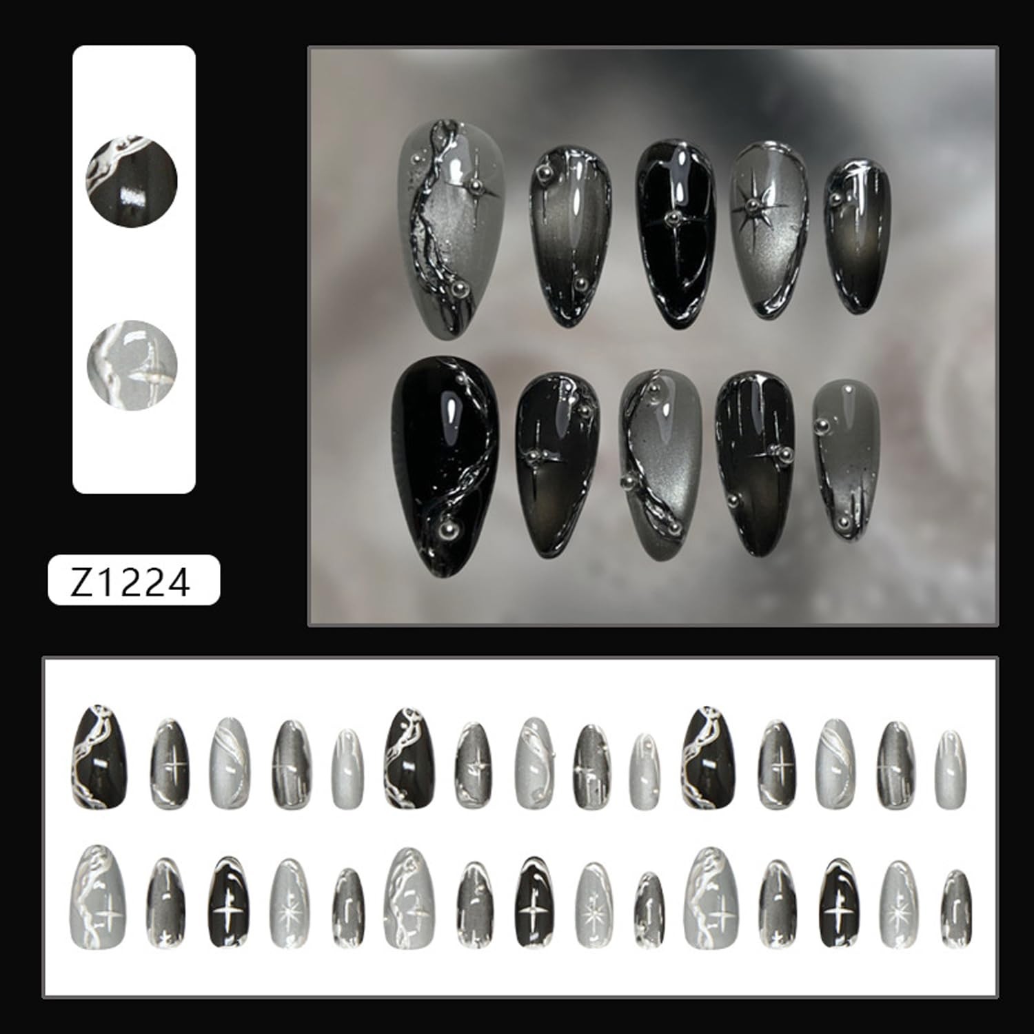 30Pcs Silver Chrome Press on Nails Short to Medium Almond, Colorful -37