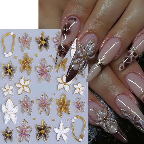 3 Sheets Flower Nail Stickers 5D Embossed Lily gold edged embossed floral