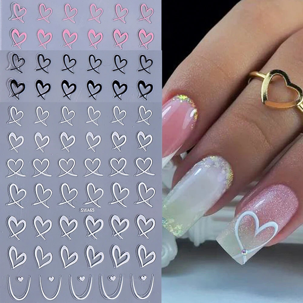 3 Sheets Romantic Hollow Love Heart Nail Stickers Black White Pink Love Heart 3D