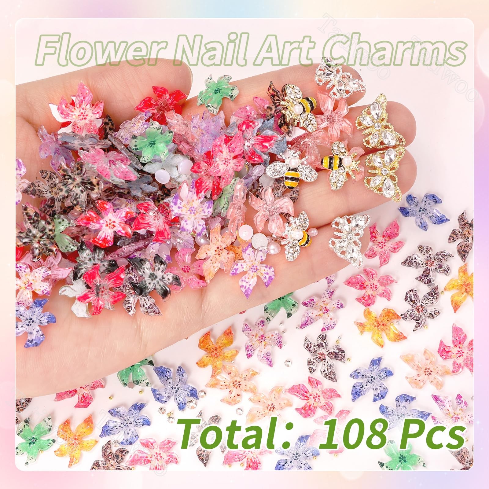 108 Pcs Flower Nail Charms, 3D Hawaii Flower for Nails Butterfly Bee Nail Gem…