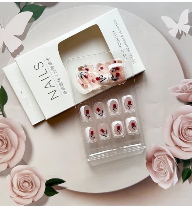 Press-On Nails Set, Pink Red White Black, Flower French, Short Square. Full Set