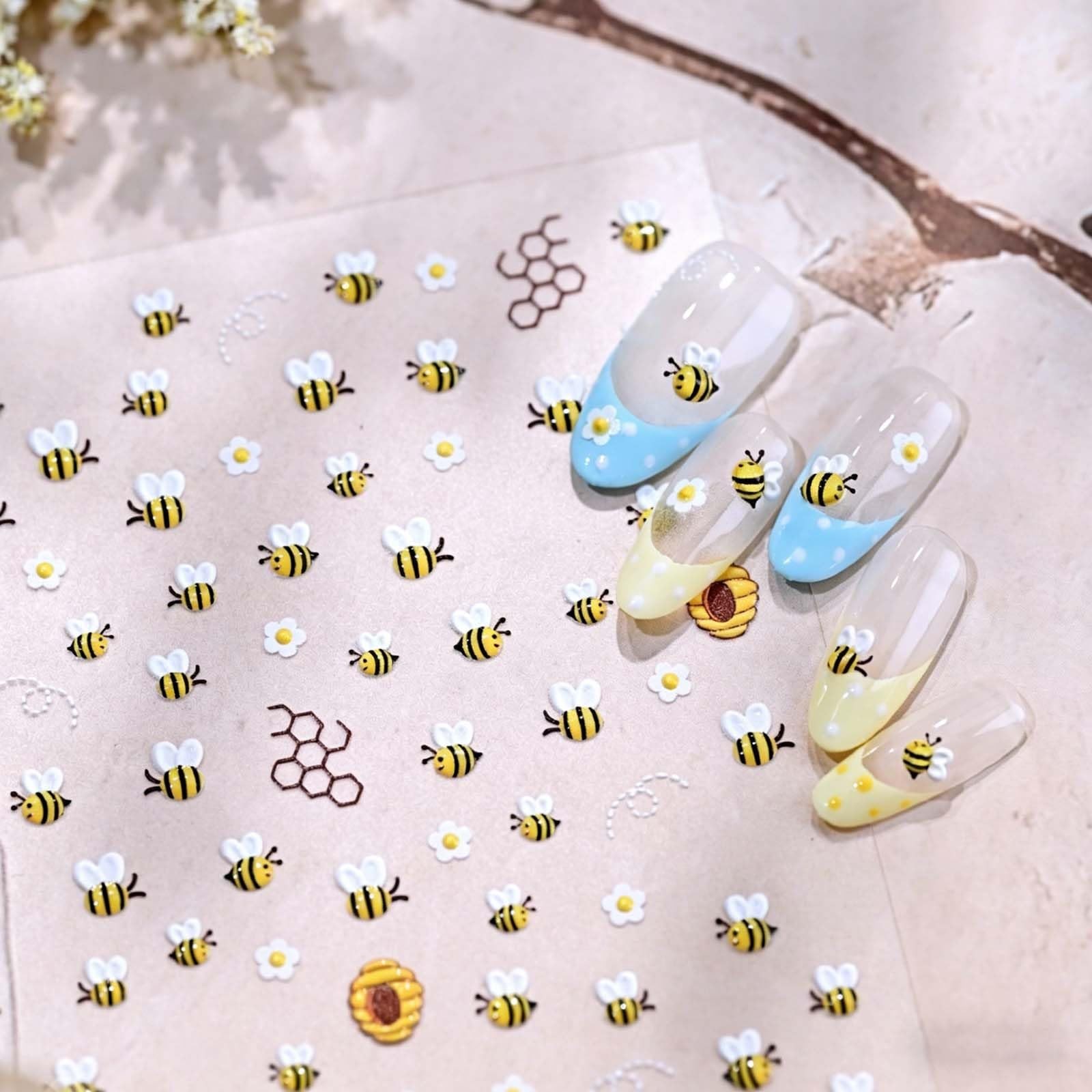 Flower Animal Prints Nail Stickers Cute Bees Nail Decals Floral Insect Nail D…