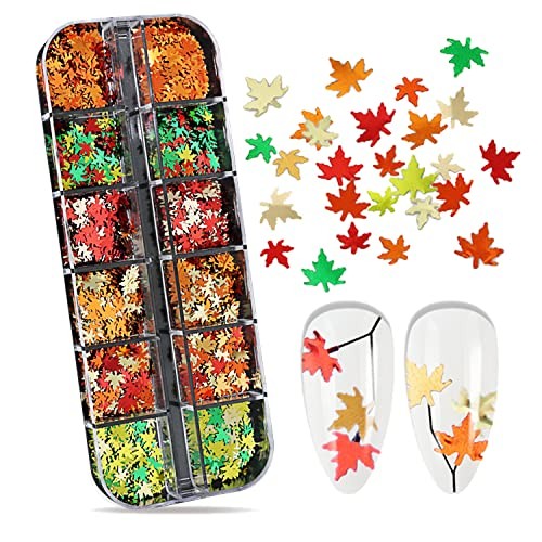 12 Grids Fall Maple Leaf Nail Art Glitter Sequins 3D Holographic Nail Art