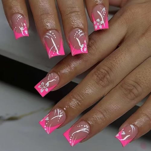 Medium Square Press on Nails – Hot Pink French Tip Glue ons Flower 21205 Pink
