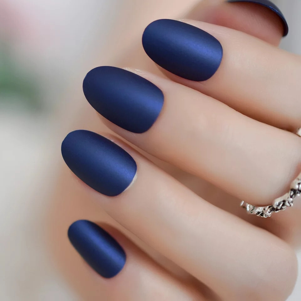 24 Short Press on nails kit w/ glue dark blue satin oval