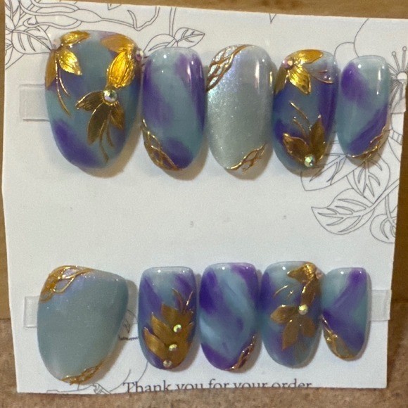 Gold Floral Marble Press On Nails Teal Purple Iridescent Almond Shape Set