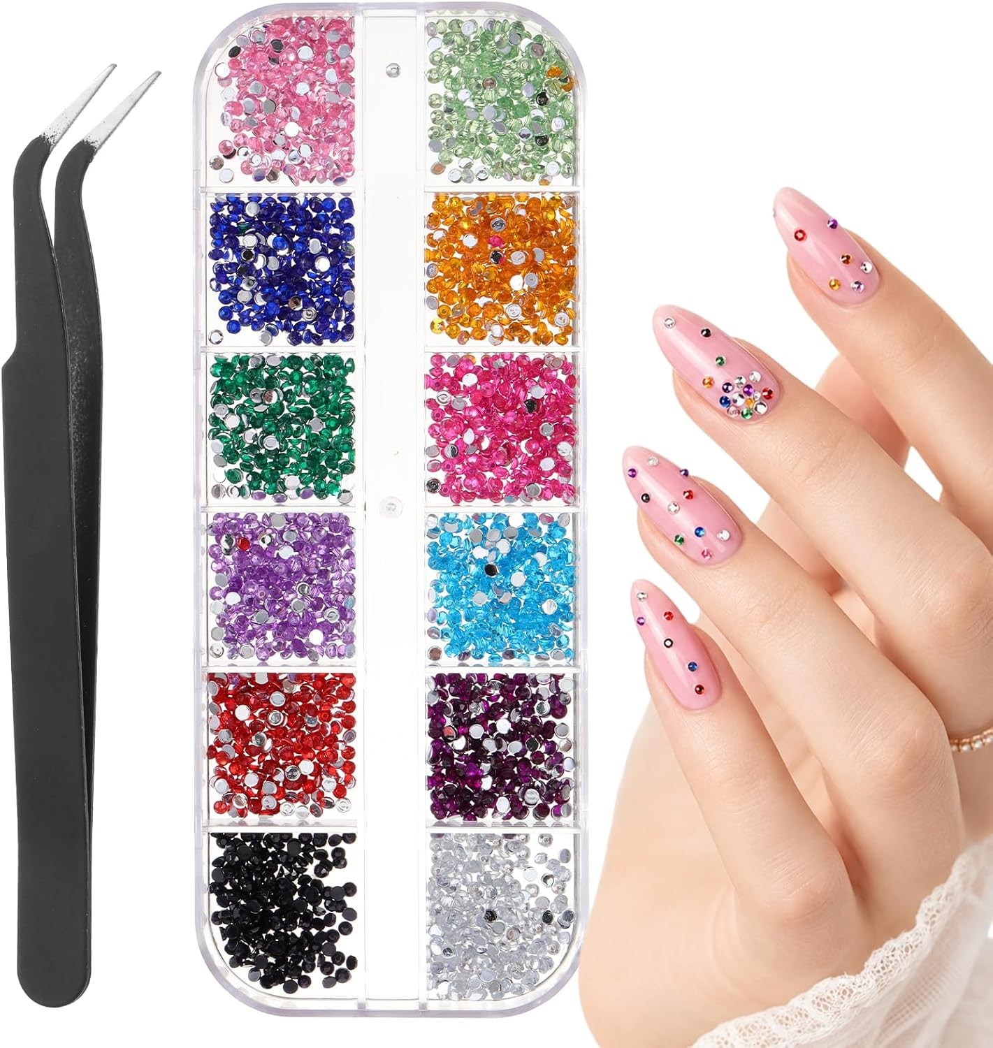 3000PCS 2mm Multicolor Nail Rhinestones, 12 Colors Flatback Gems