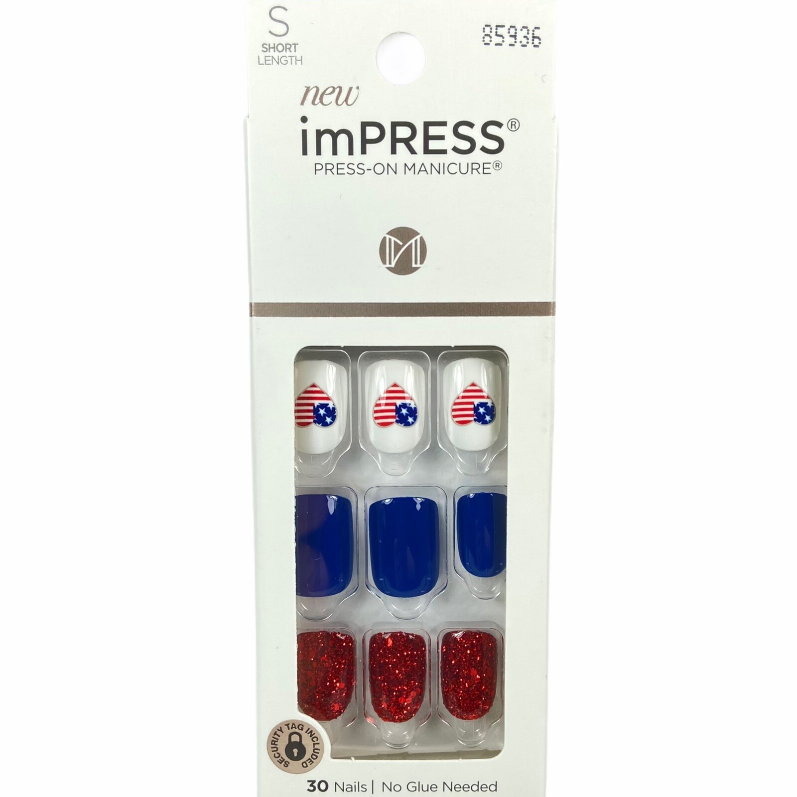 NEW Kiss Nails Impress Press On Manicure Short Gel Red White Blue Flag Heart