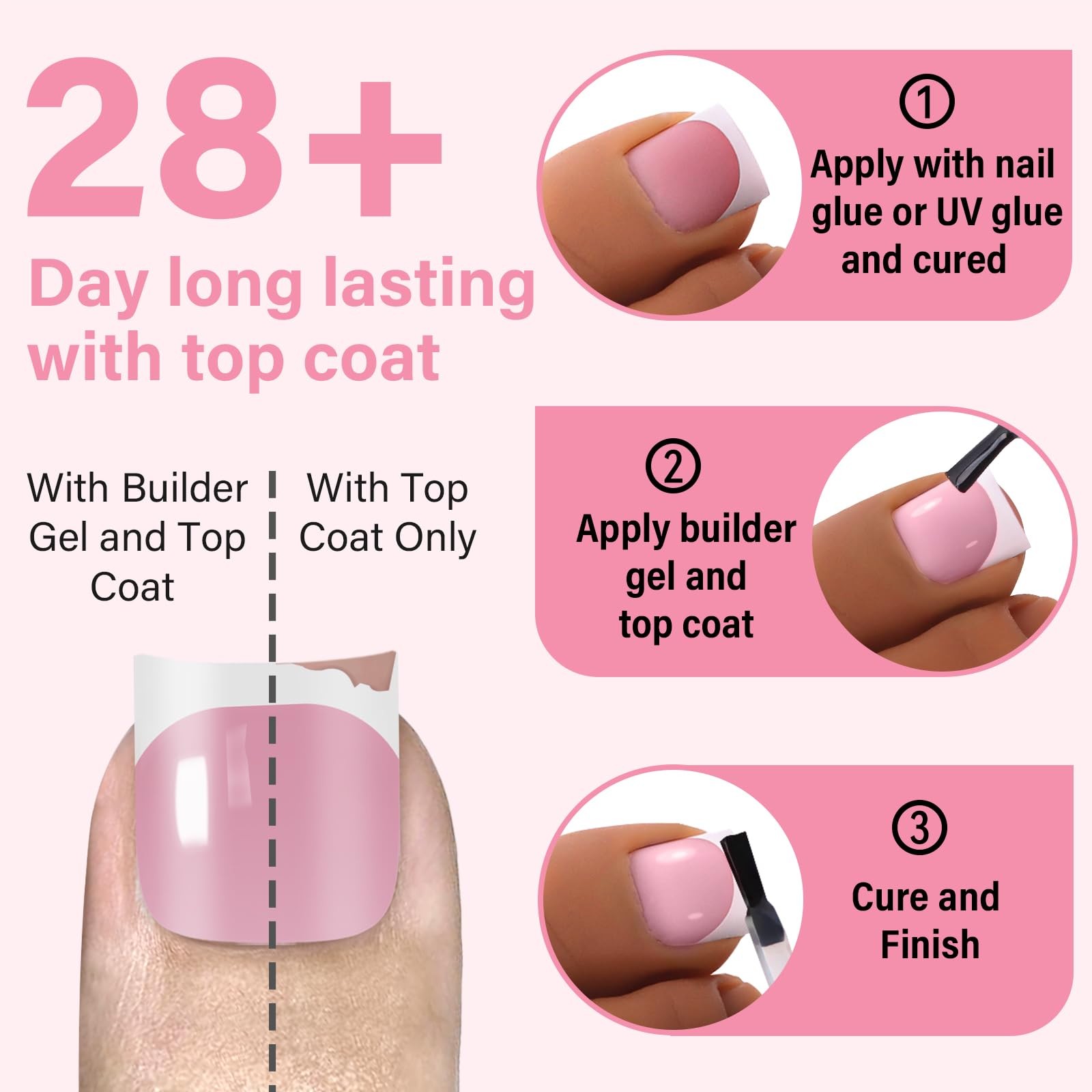 French Toe Nail Tips Set,120Pcs White Pink Full Cover Soft Square Tip Press o…