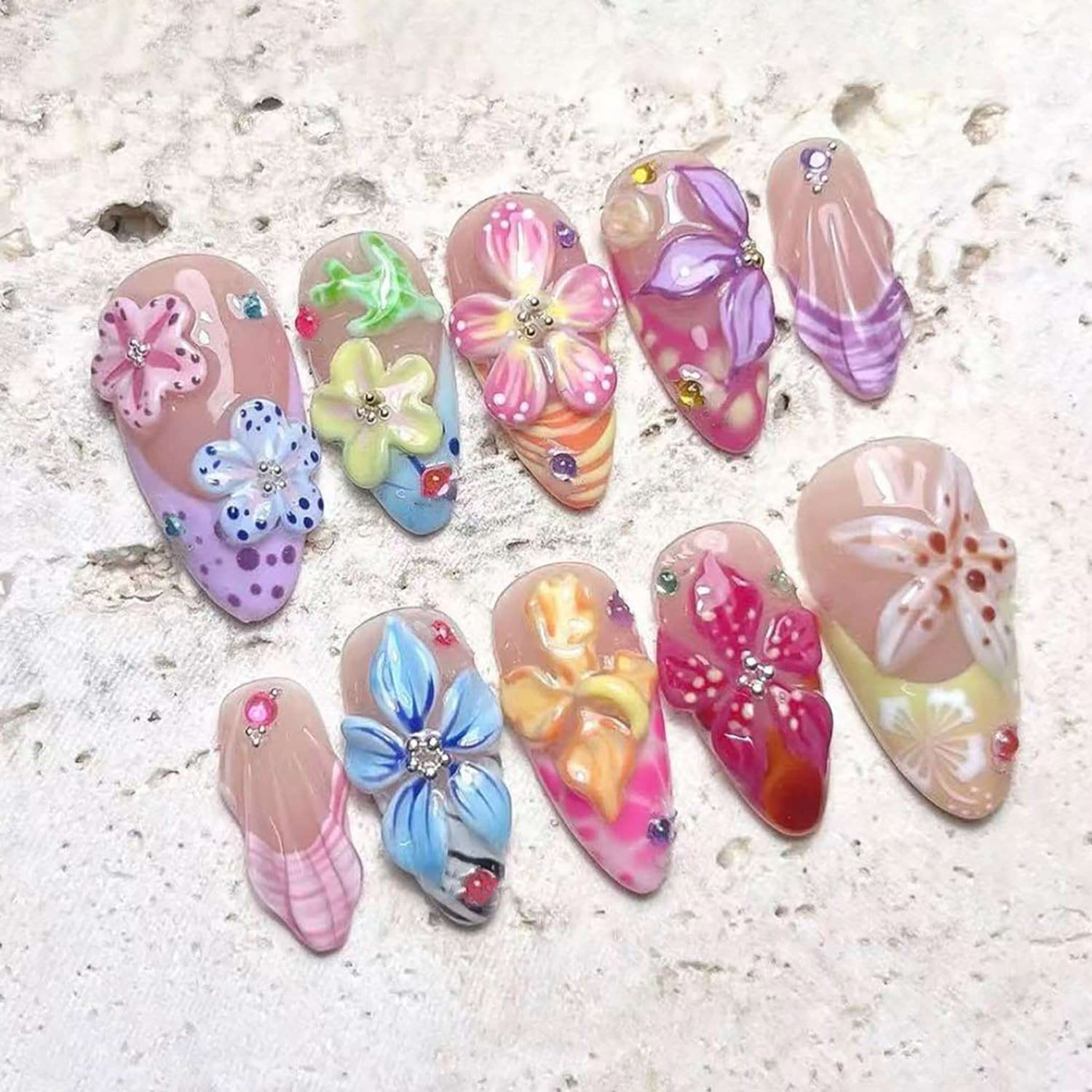30Pcs Summer Press on Nails Medium Almond Fake Nails with 3D Floral Jellyfish St