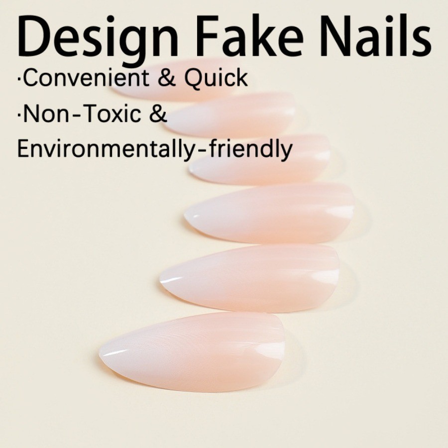 48pcs Almond Press on Nails, Clear Nude Milky White Gradient Simple Gloss Nails