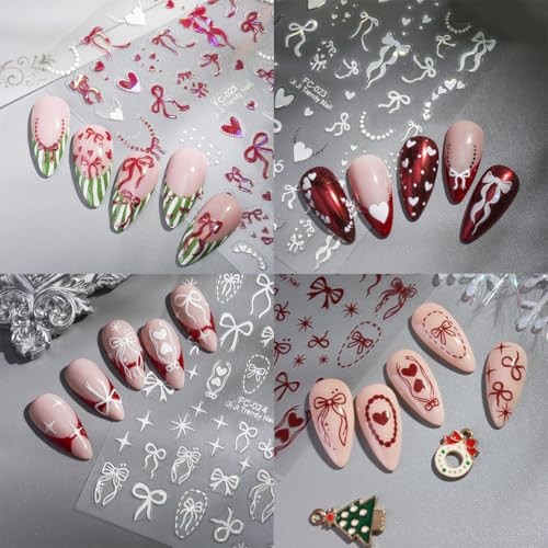 8 Sheets Cute Bow Heart Nail Art Stickers 3D Self-Adhesive Cute Bow Heart-1