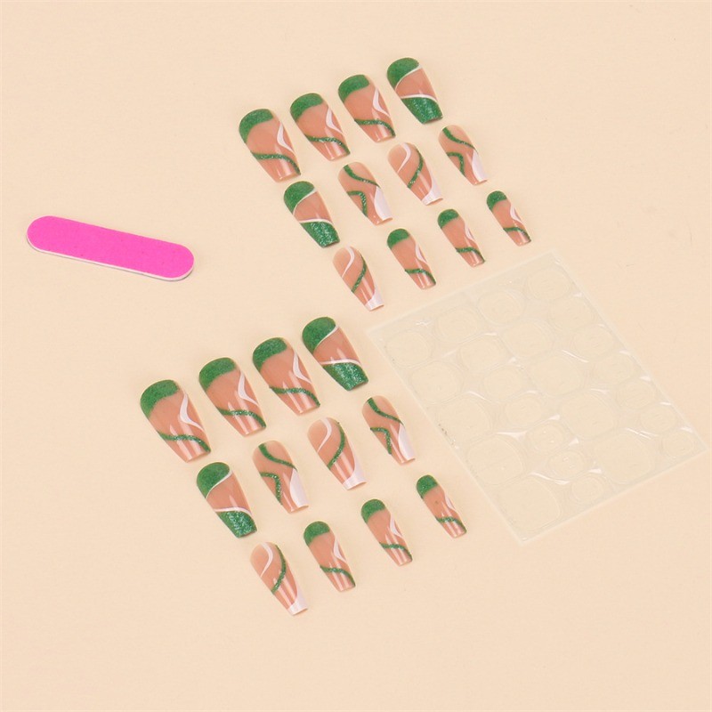 48pcs-Nude Nails with Green Glitter Accents, White Tips and Modern Swirl Design