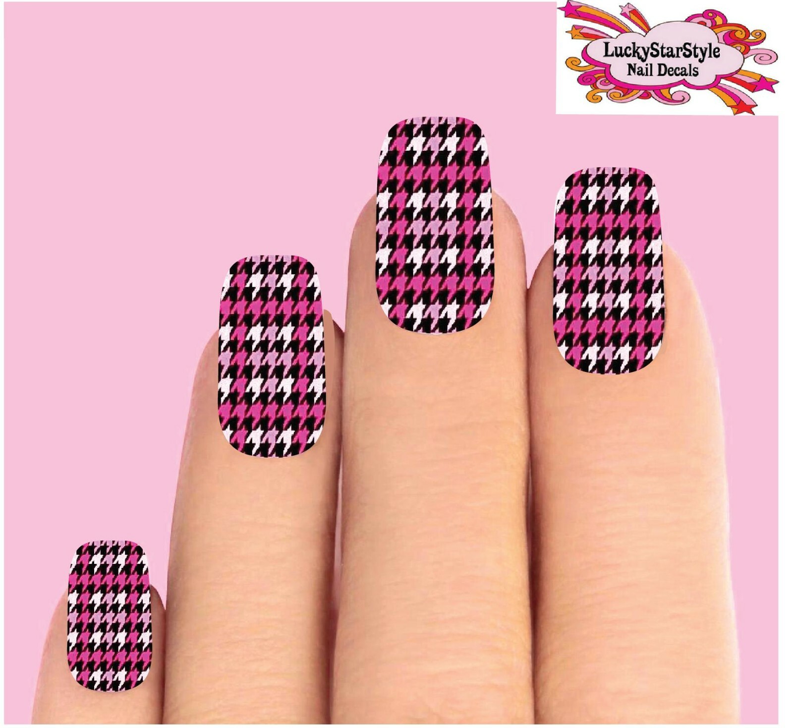 Waterslide Full Nail Decals Set of 10 – Houndstooth Pink Black & Clear